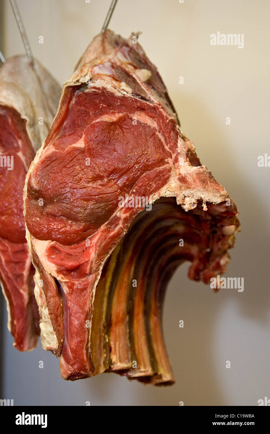 Rib's of Beef Hanging In A Butchers Shop . Stock Photo