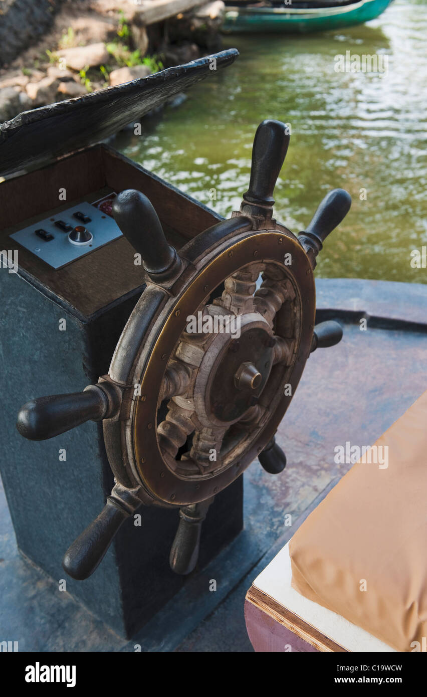 Close-up of the helm of a boat, Alleppey, Alappuzha District, Kerala, India Stock Photo