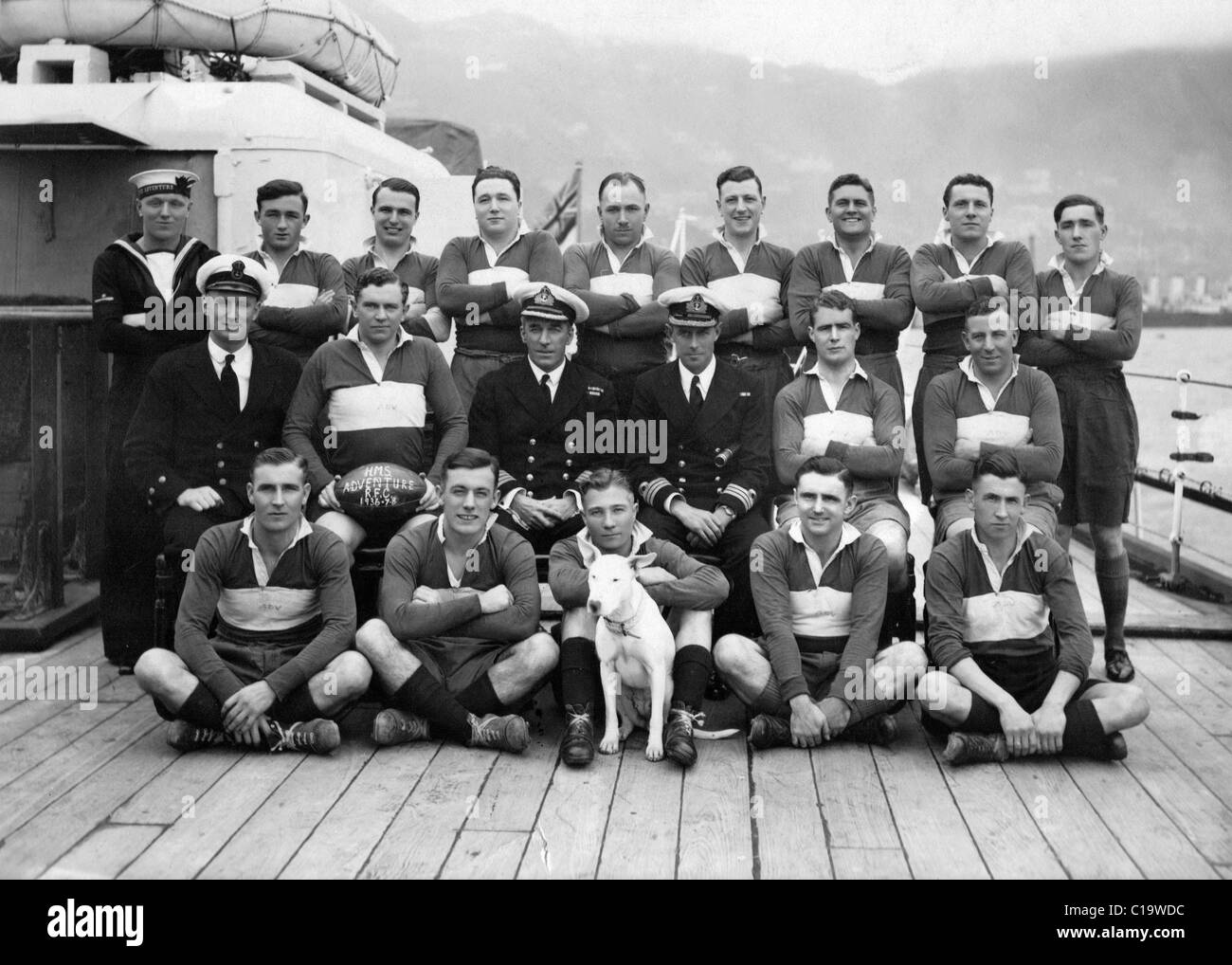 Royal Navy group photo rugby team on deck HMS Adventure 1936, 1937,  1938 thought to be in Hong Kong Stock Photo