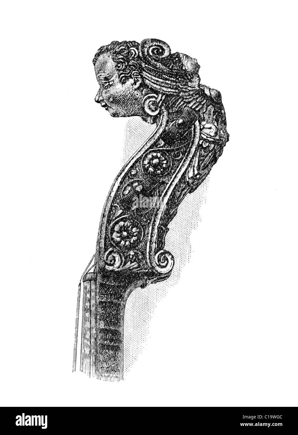 Neck and scroll of Ole Bull's Gaspar Di Salo violin. Originally published January 1881 in Harper’s New Monthly Magazine. Stock Photo