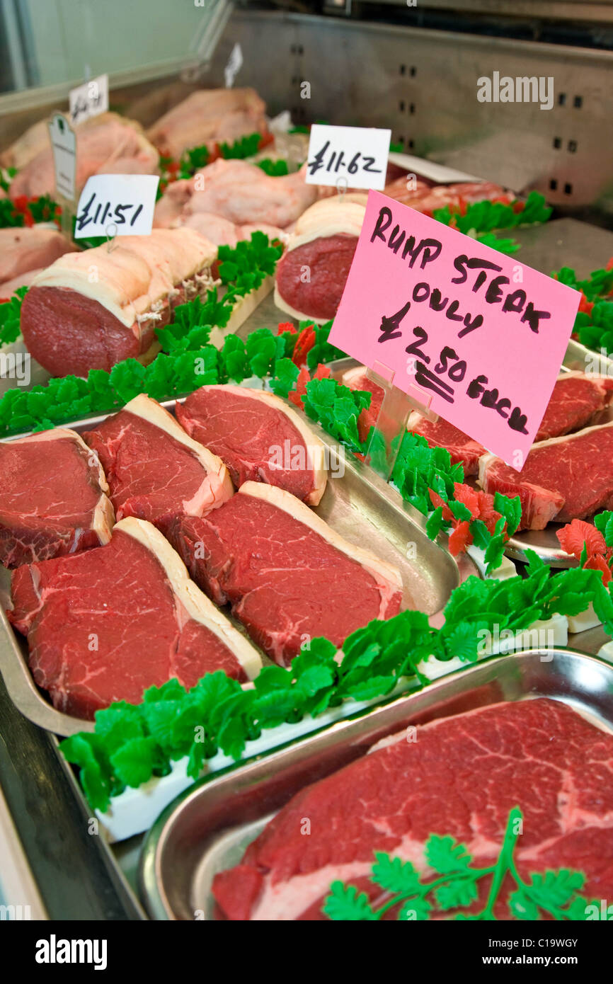 Beef steak on display in a butchers shop Stock Photo