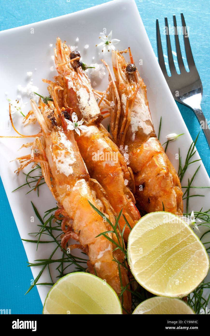 Grilled Prawns on a Long White Platter Stock Photo Alamy