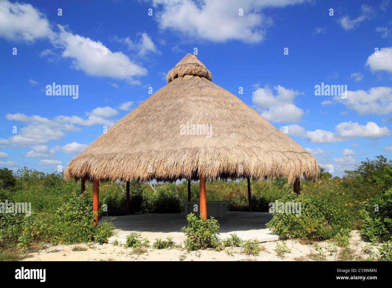Big Palapa hut sunroof in Mexico jungle Mayan Riviera Stock Photo