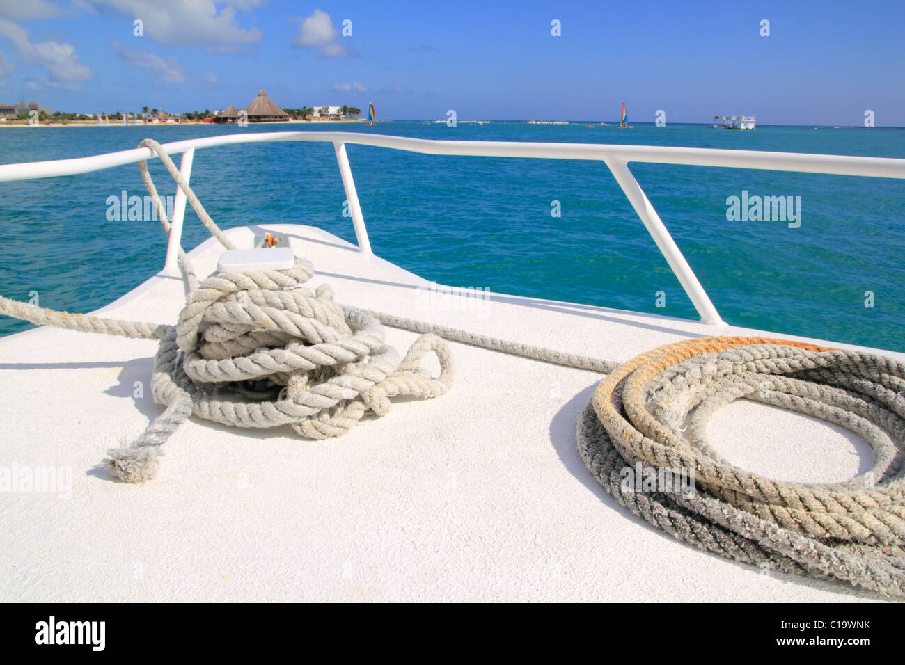 Boat white bow in tropical Caribbean sea summer relax vacations Stock Photo