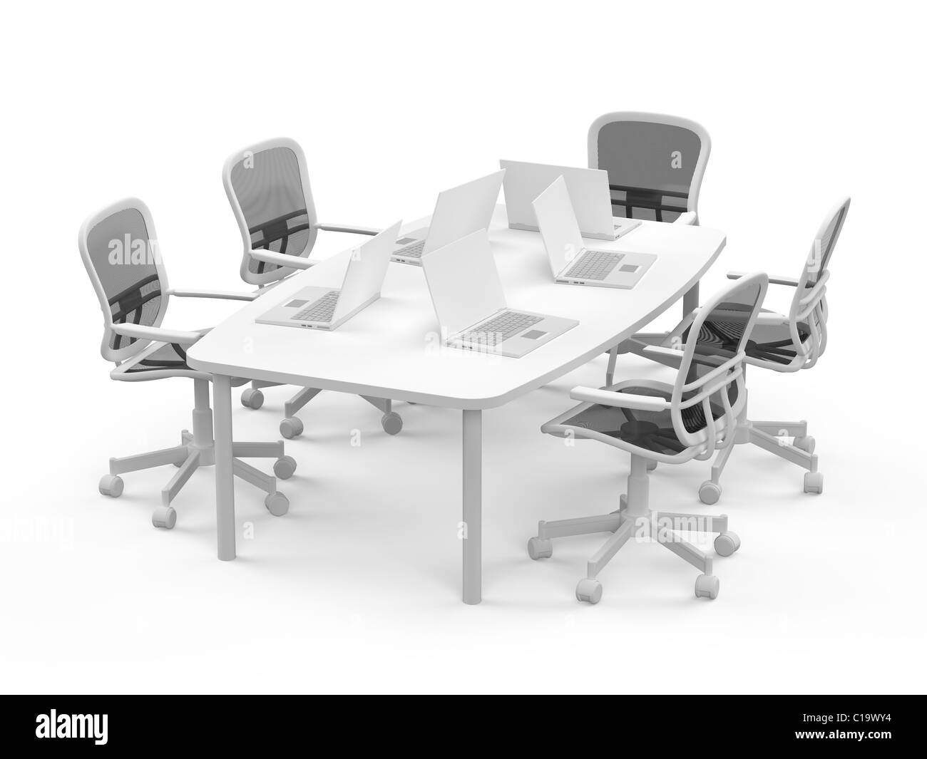 Conference table with opened laptops on white background Stock Photo