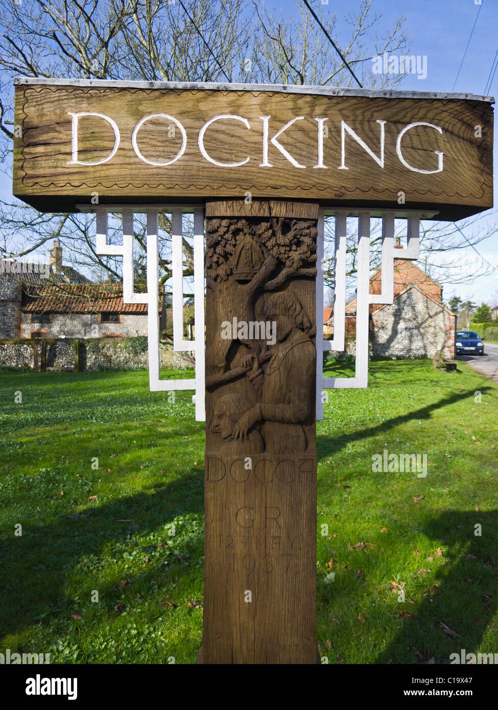 Village sign for Docking in Norfolk. Stock Photo