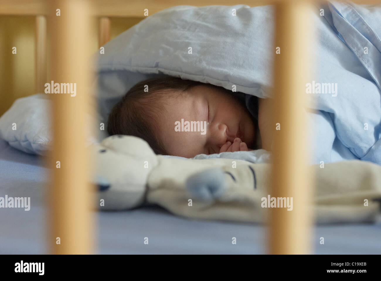 Baby girl sleeping in crib on quilt Stock Photo Alamy