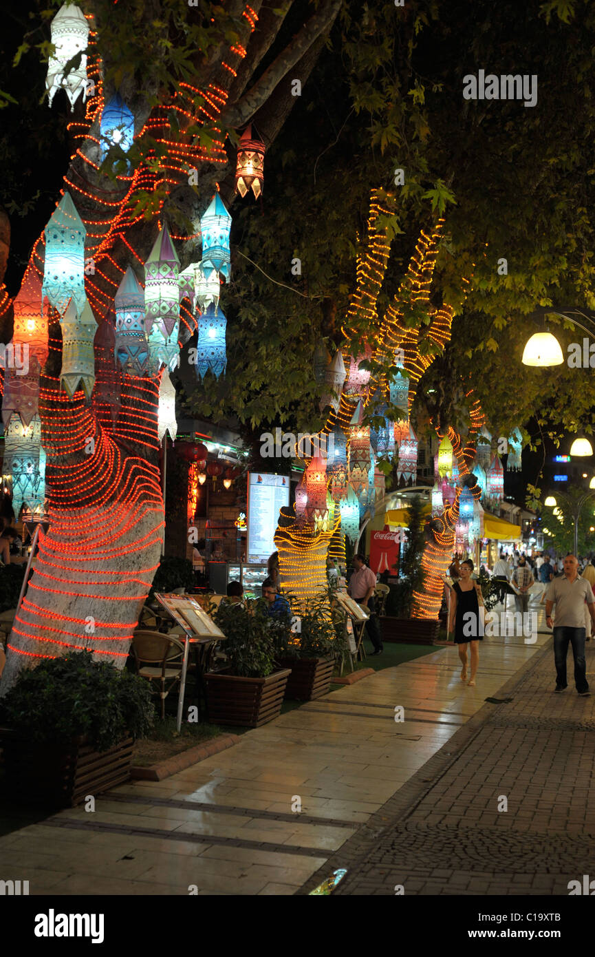 Colorful lanterns hanging on trees. Stock Photo