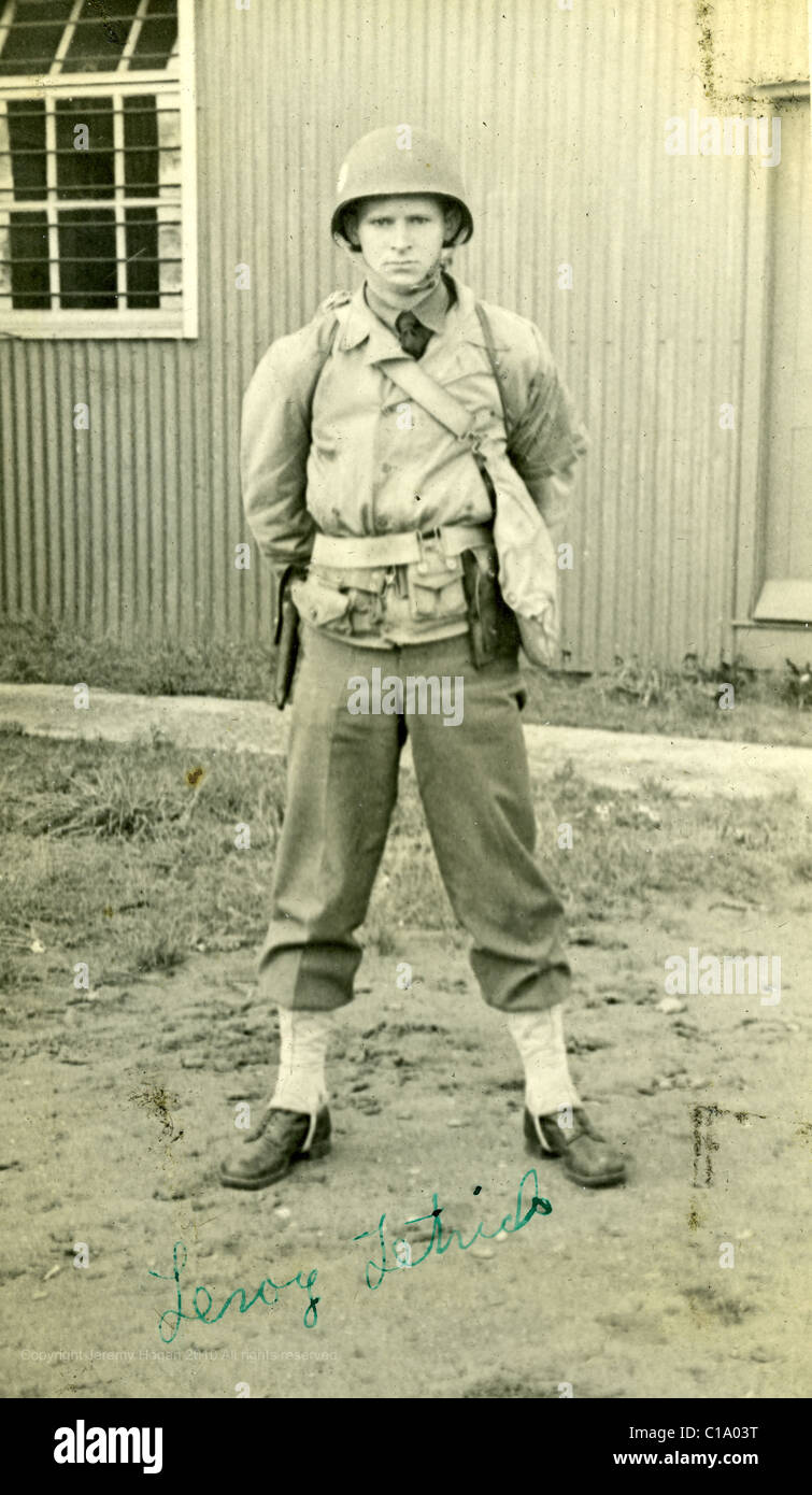 Army man in full uniform during WWII portrait black and white greatest generation soldier American US Stock Photo