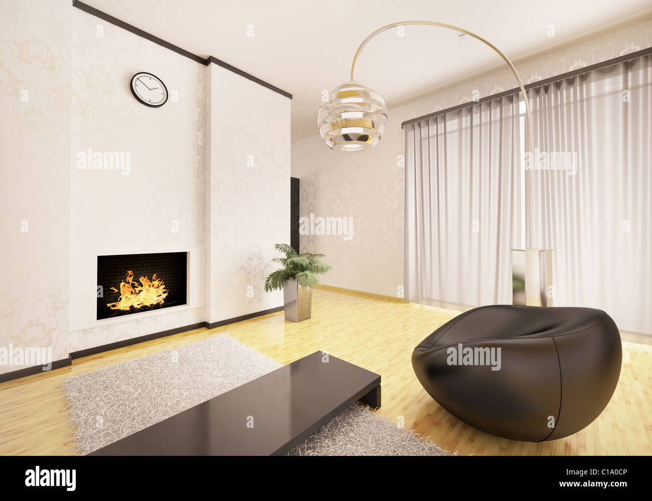 Interior of modern living room with fireplace and black armchair 3d ...