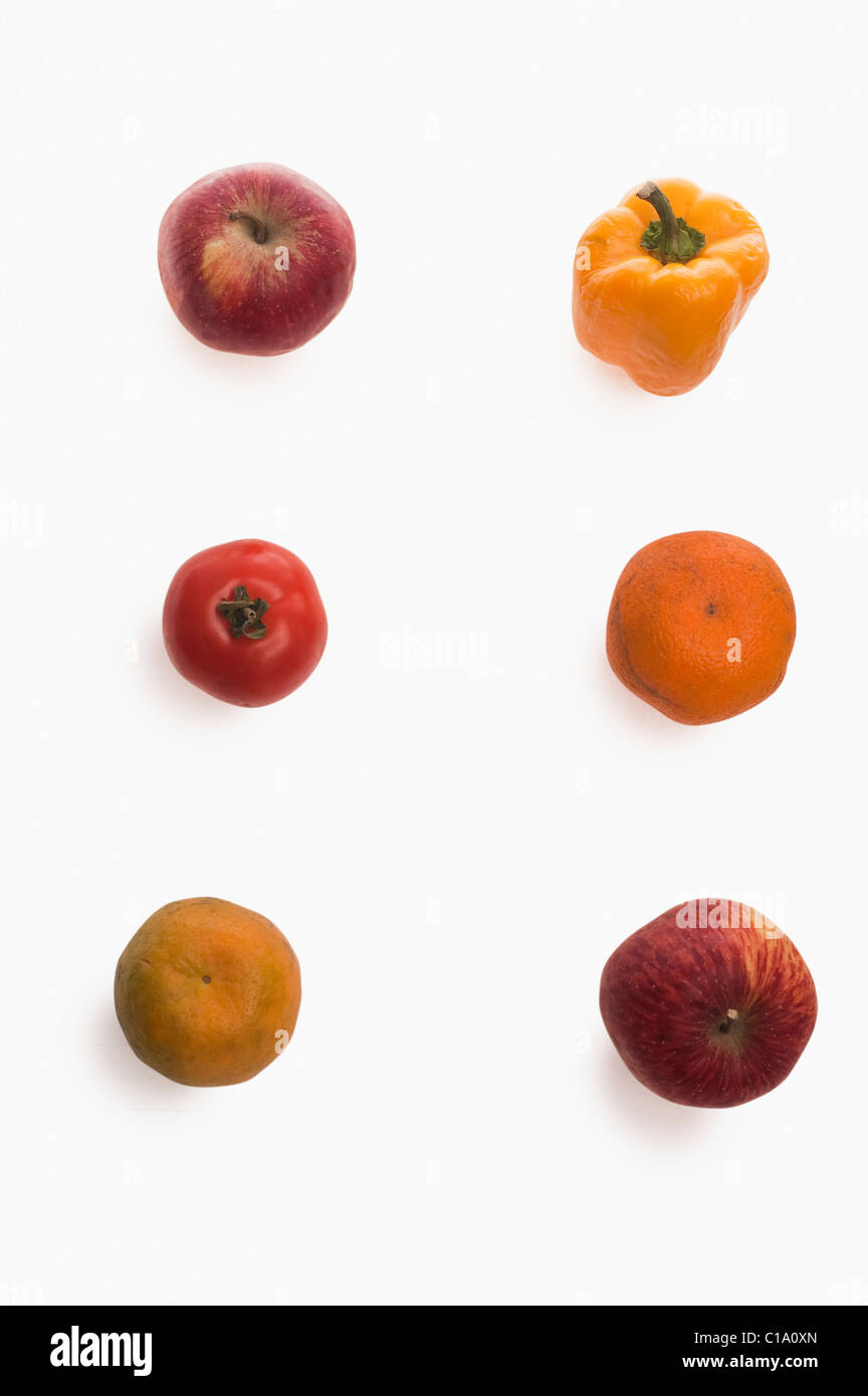Arrangement of fruits and vegetables on white background Stock Photo