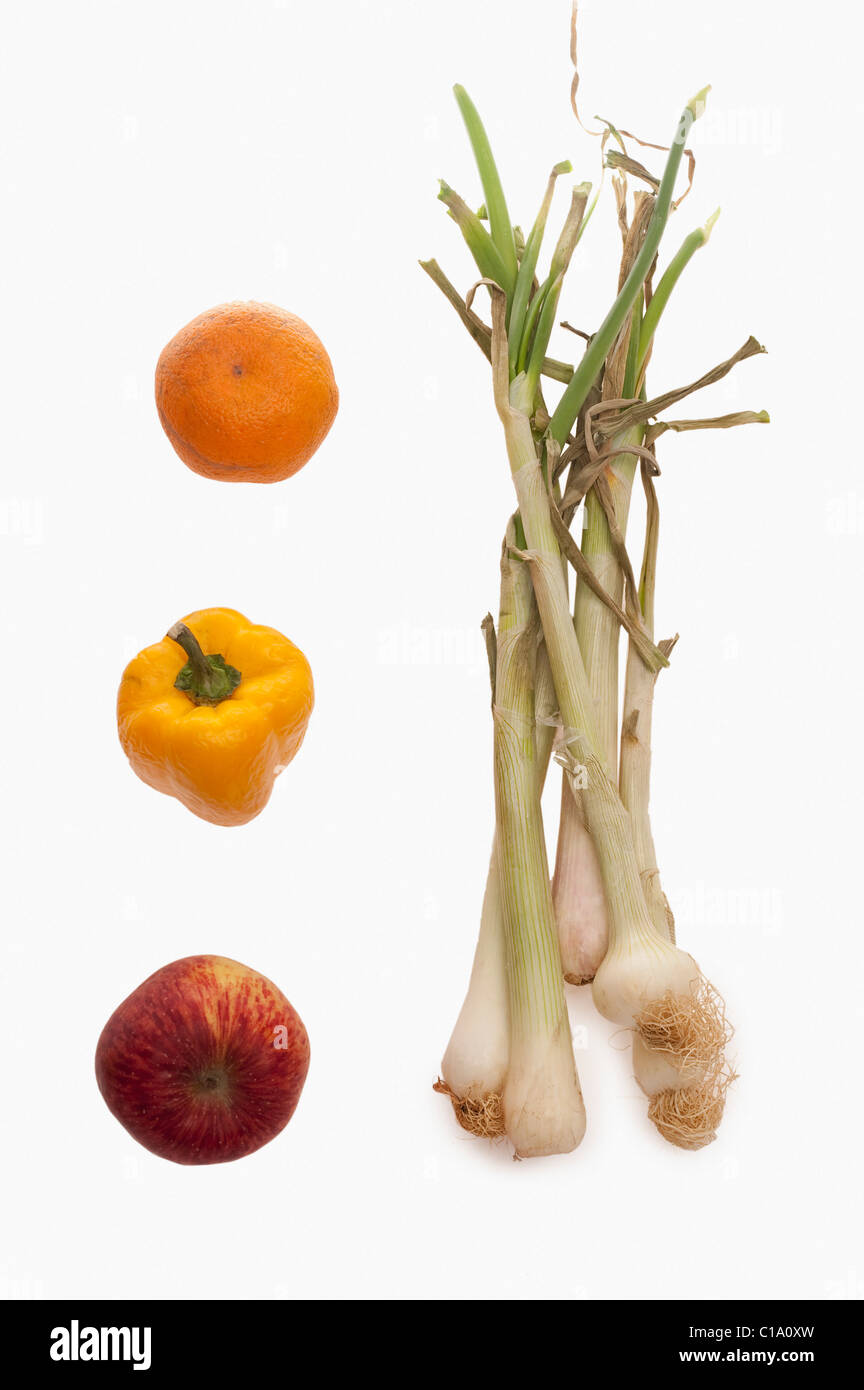 Arrangement of fruits and vegetables on white background Stock Photo