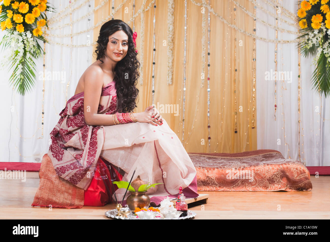 Portrait of a bride in traditional Bengali dress Stock Photo