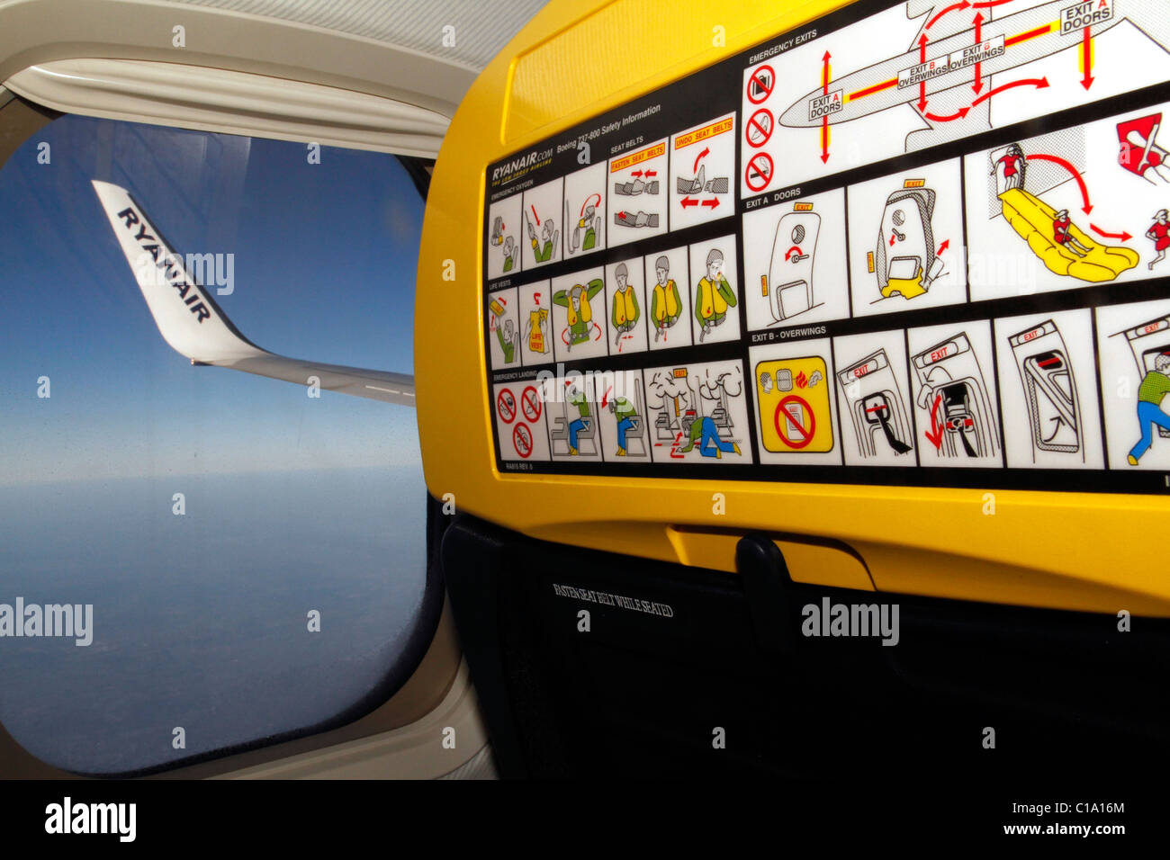 INTERIOR OF RYANAIR PLANE SHOWING SAFETY REGULATIONS Stock Photo Alamy
