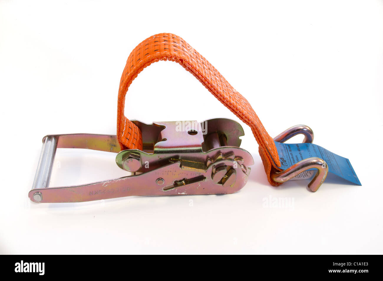 orange buckle crane technical metal risers, belt, tensioner, strap, transport Stock Photo
