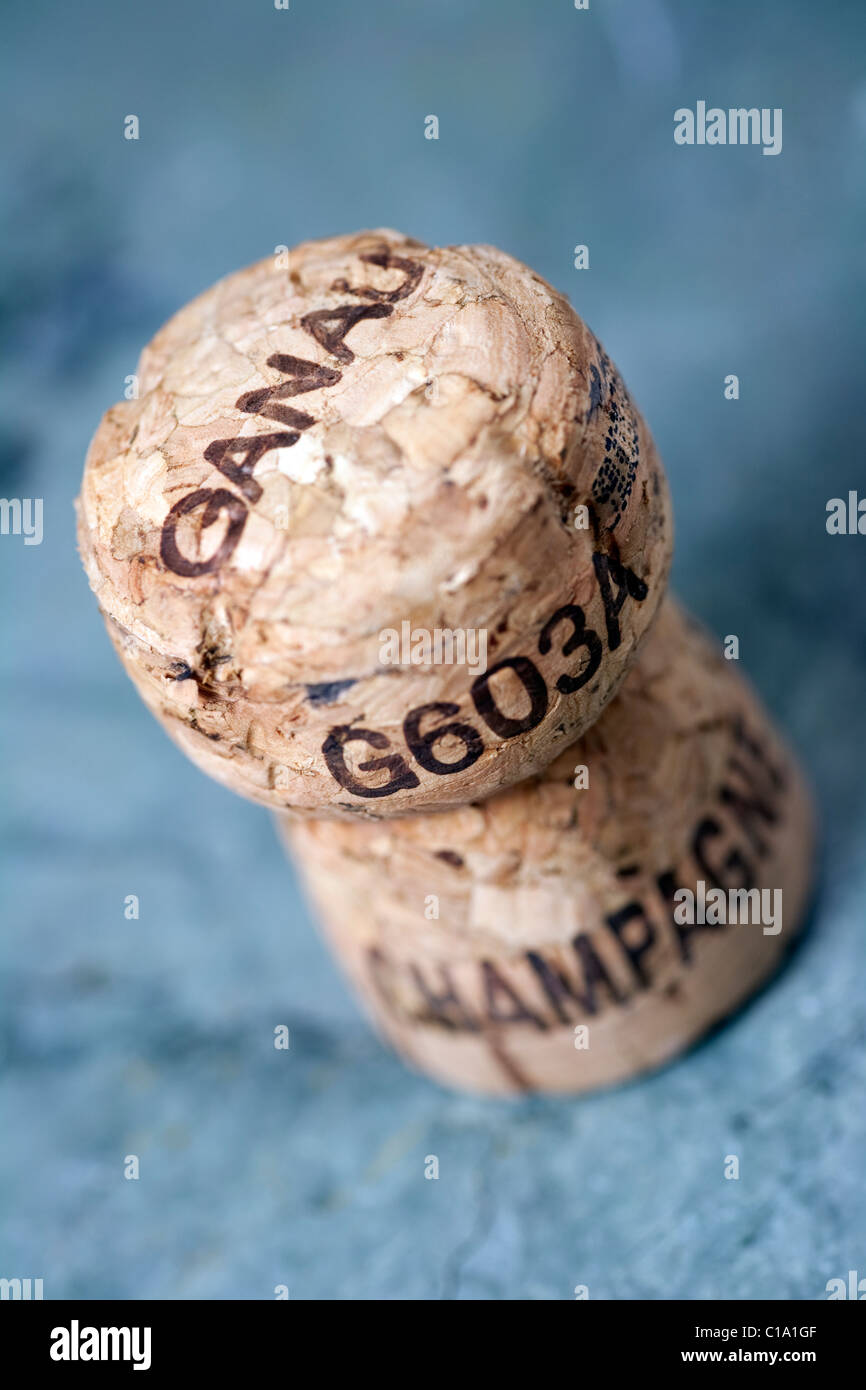 A popped champagne cork showing the cork makers name (Ganau) and product number Stock Photo