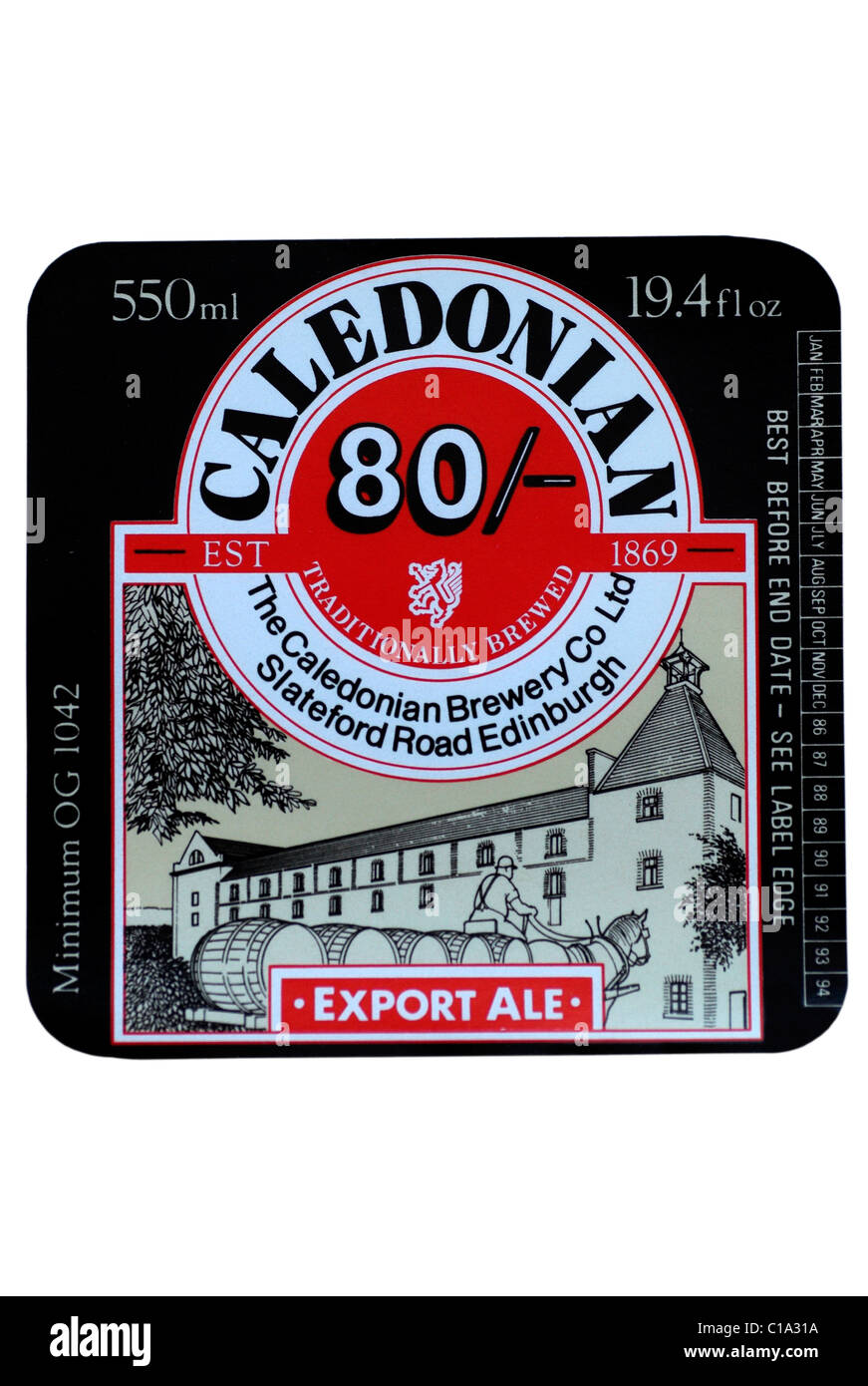 Caledonian 80/- Export Ale bottle label - 1986-1994. Stock Photo