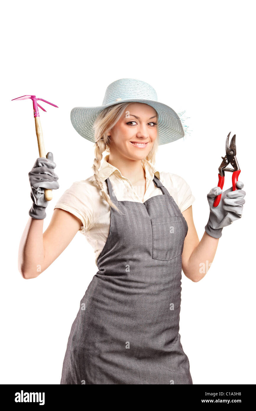 A young female gardener with a gardening tools Stock Photo