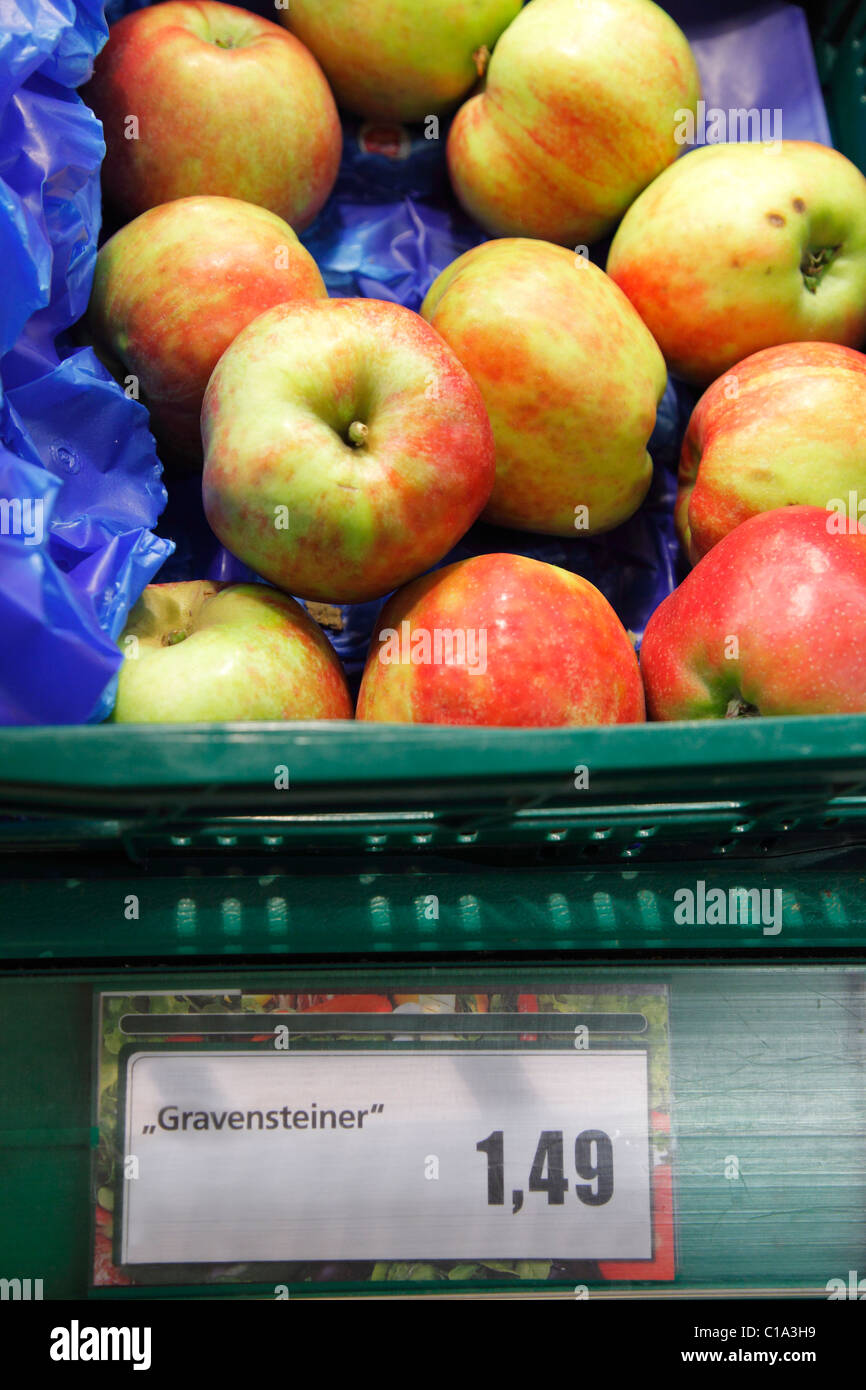 apples 'Gravenstein' in a supermarket Latin: Gravensteiner Malus domestica; Danish Gråsten-Æble Stock Photo