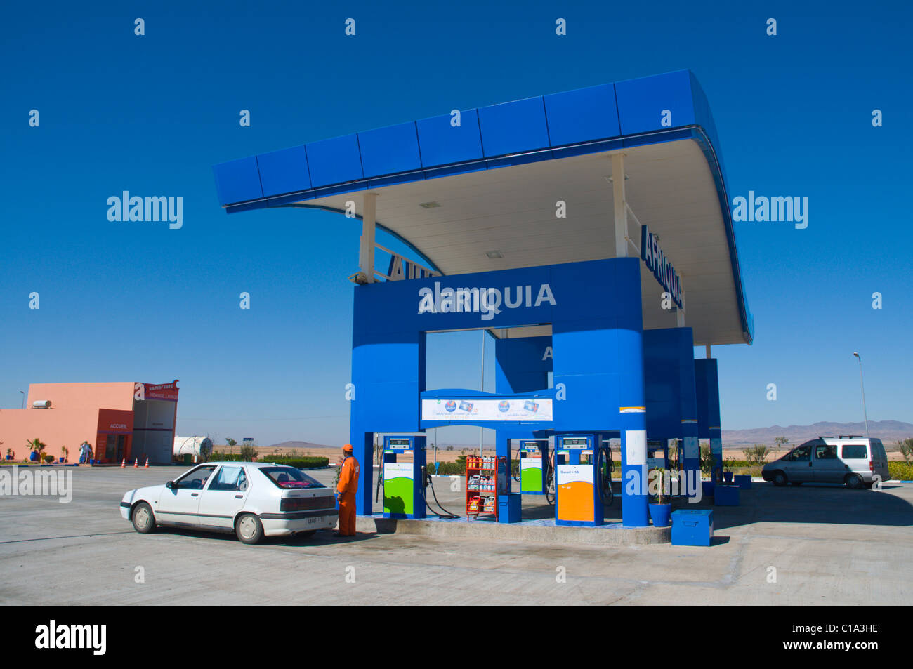 Afriquai gas petrol service station at a rest stop along motorway near Marrakech central Morocco northern Africa Stock Photo