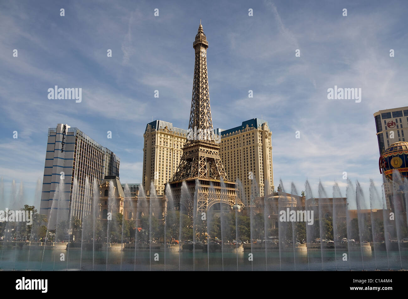 The Bellagio Fountains, with Ballys and the Paris Las Vegas Hotel and