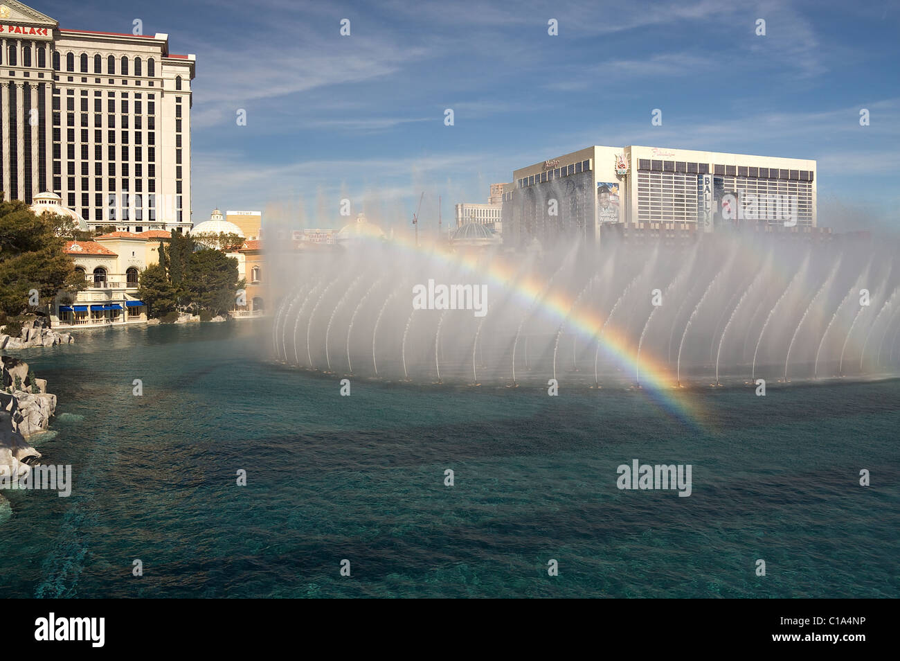 Rainbows appear in the Bellagio Fountains in Las Vegas Stock Photo