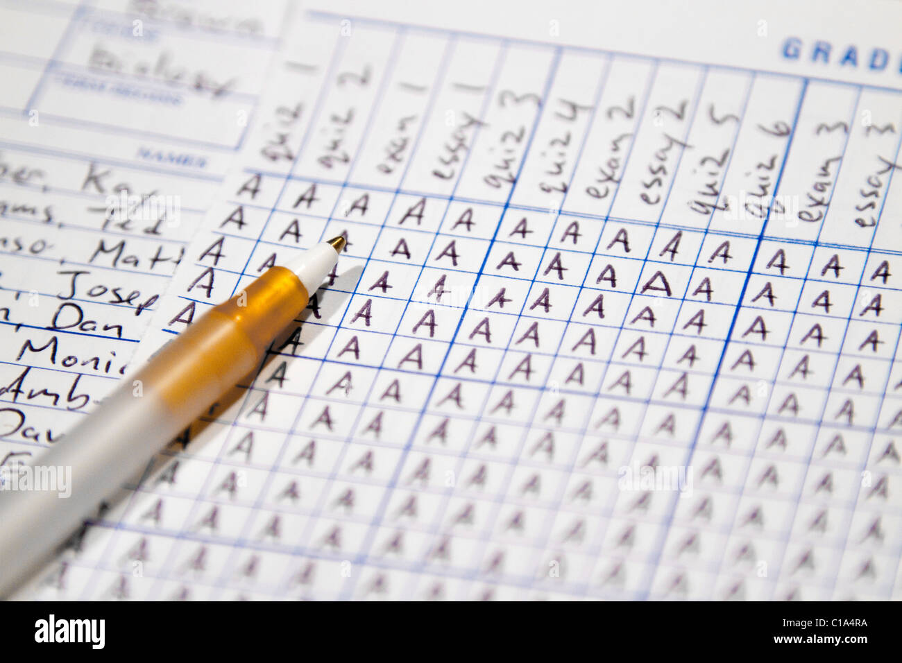 A teacher's grade book with student scores showing all A's Stock Photo -  Alamy