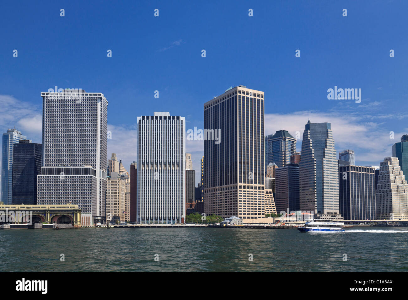 Lower Manhattan from New York Harbor. Stock Photo