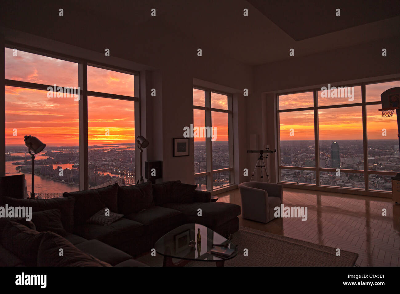 Sunrise views from luxury apartment to Roosevelt Island and Long Island Sound. Stock Photo