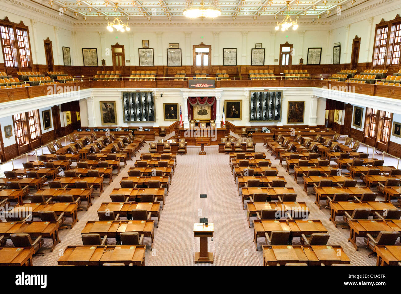AUSTIN, Texas - The House of Representatives chamber in the Texas State Capitol in Austin, TX. The House has 150 members and a regular session adds up to 140 days a year, and there are no term limits for representatives. Stock Photo