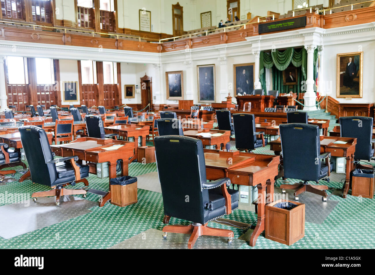 AUSTIN, Texas - Interior of the Senate chamber of the Legislature of the State of Texas inside the Texas State Captiol in Austin, Texas. The Senate consists of 31 members. Stock Photo