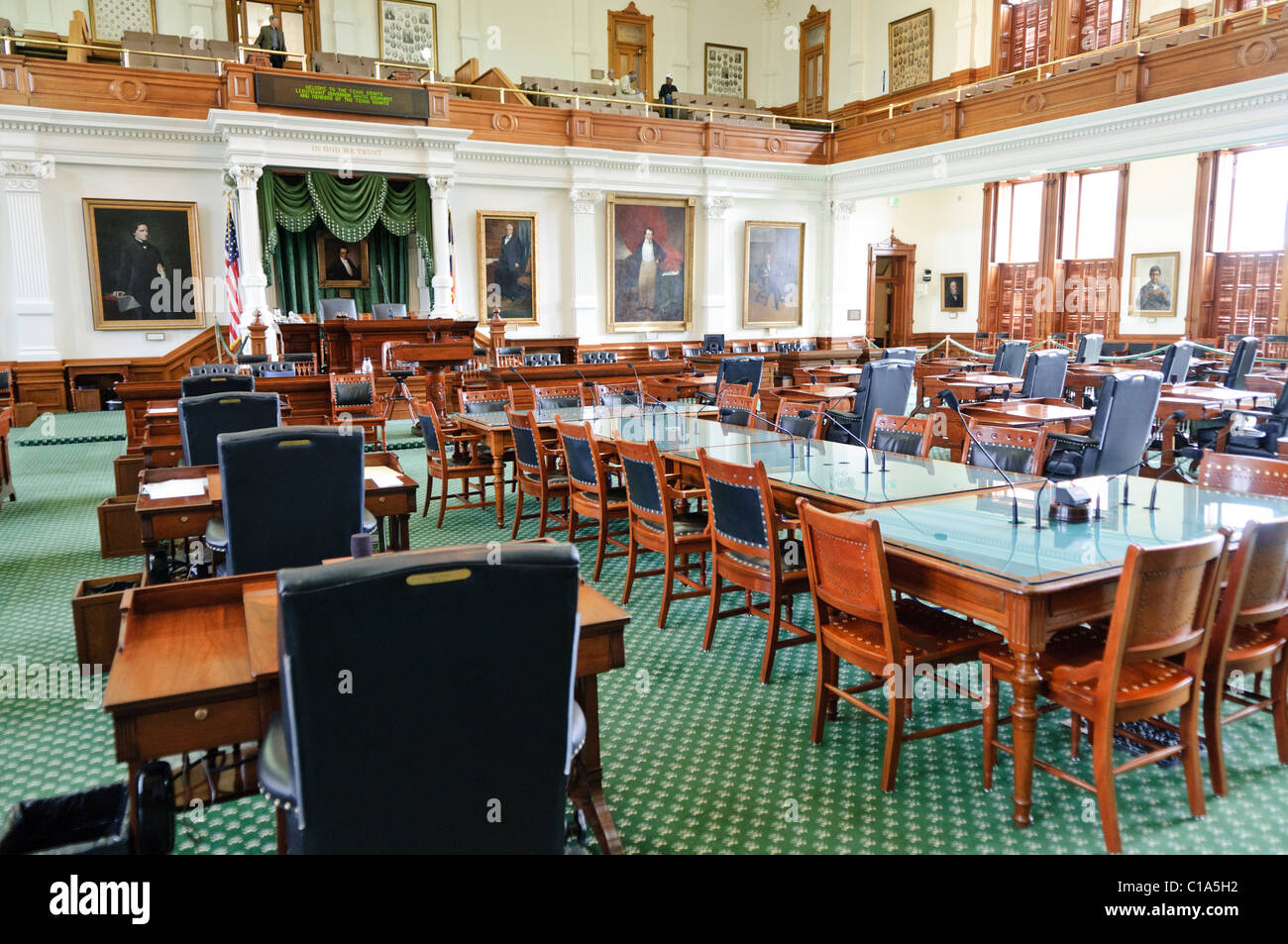 AUSTIN, Texas - Interior of the Senate chamber of the Legislature of the State of Texas inside the Texas State Captiol in Austin, Texas. The Senate consists of 31 members. Stock Photo