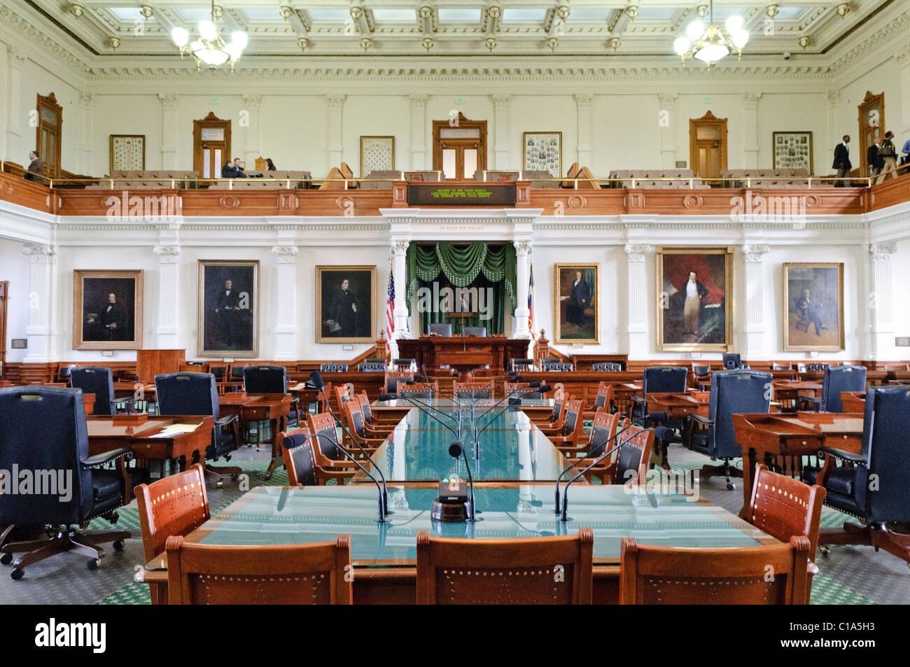 AUSTIN, Texas - Interior of the Senate chamber of the Legislature of the State of Texas inside the Texas State Captiol in Austin, Texas. The Senate consists of 31 members. Stock Photo
