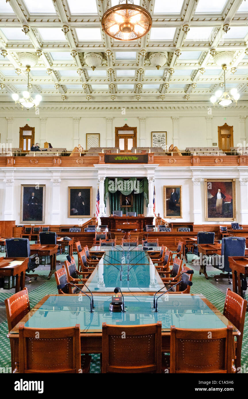 AUSTIN, Texas - Interior of the Senate chamber of the Legislature of the State of Texas inside the Texas State Captiol in Austin, Texas. The Senate consists of 31 members. Stock Photo