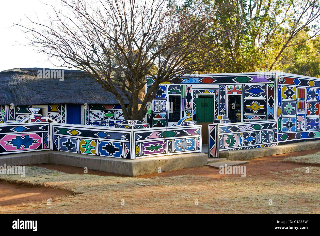 Traditional Ndebele geometric design on house, South Africa Stock Photo