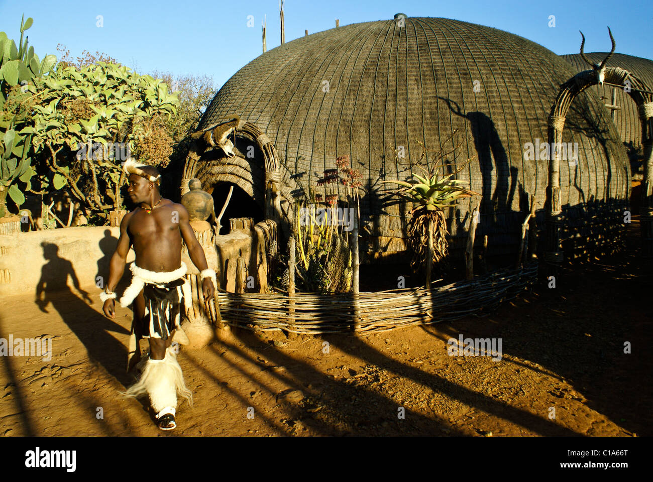 Zulu warrior and sangoma's house, Shakaland, South Africa Stock Photo