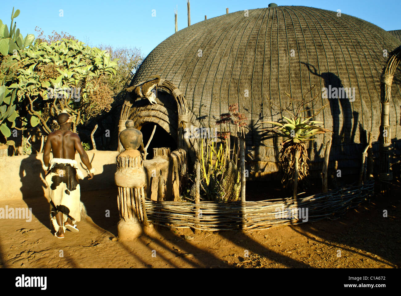 Zulu warrior and sangoma's house, Shakaland, South Africa Stock Photo