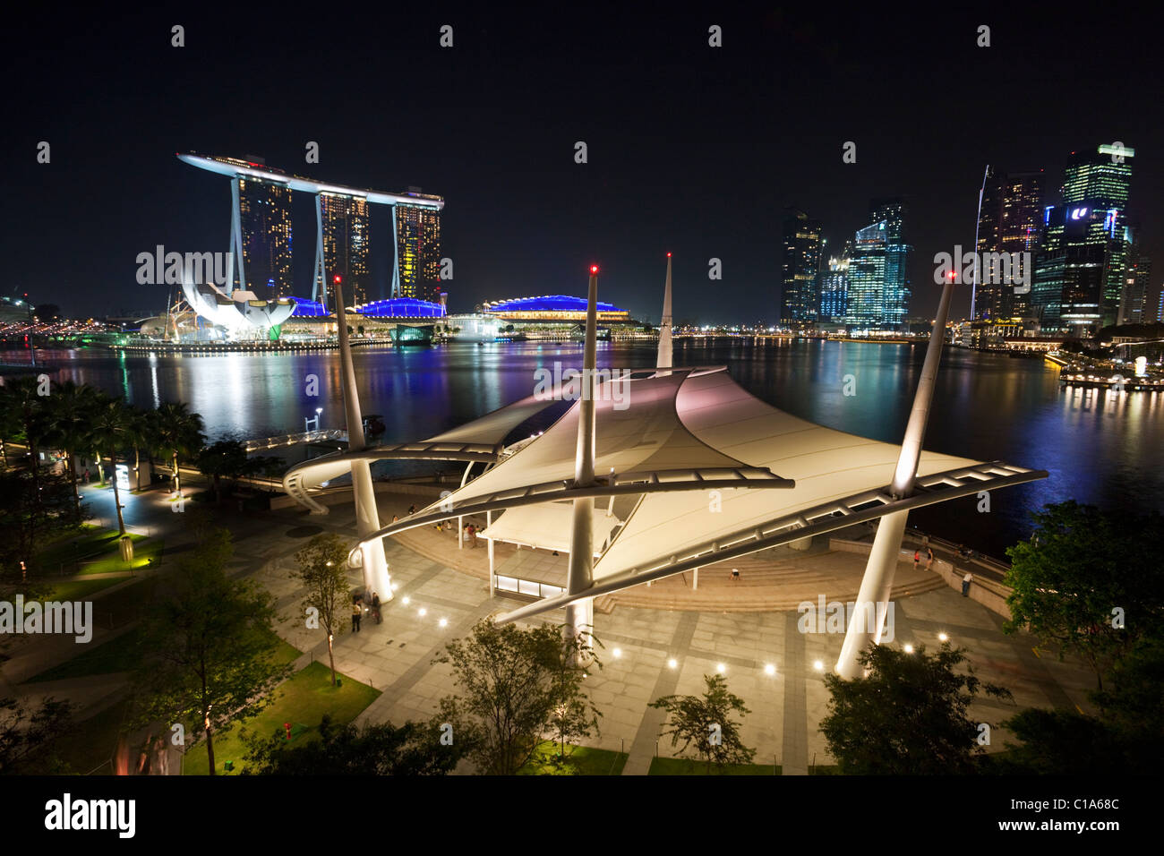 Outdoor Theatre with the Marina Bay Sands in the background.  Marina Bay, Singapore Stock Photo