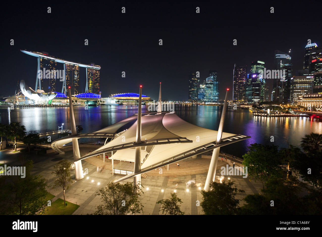 Outdoor Theatre with the Marina Bay Sands in the background.  Marina Bay, Singapore Stock Photo