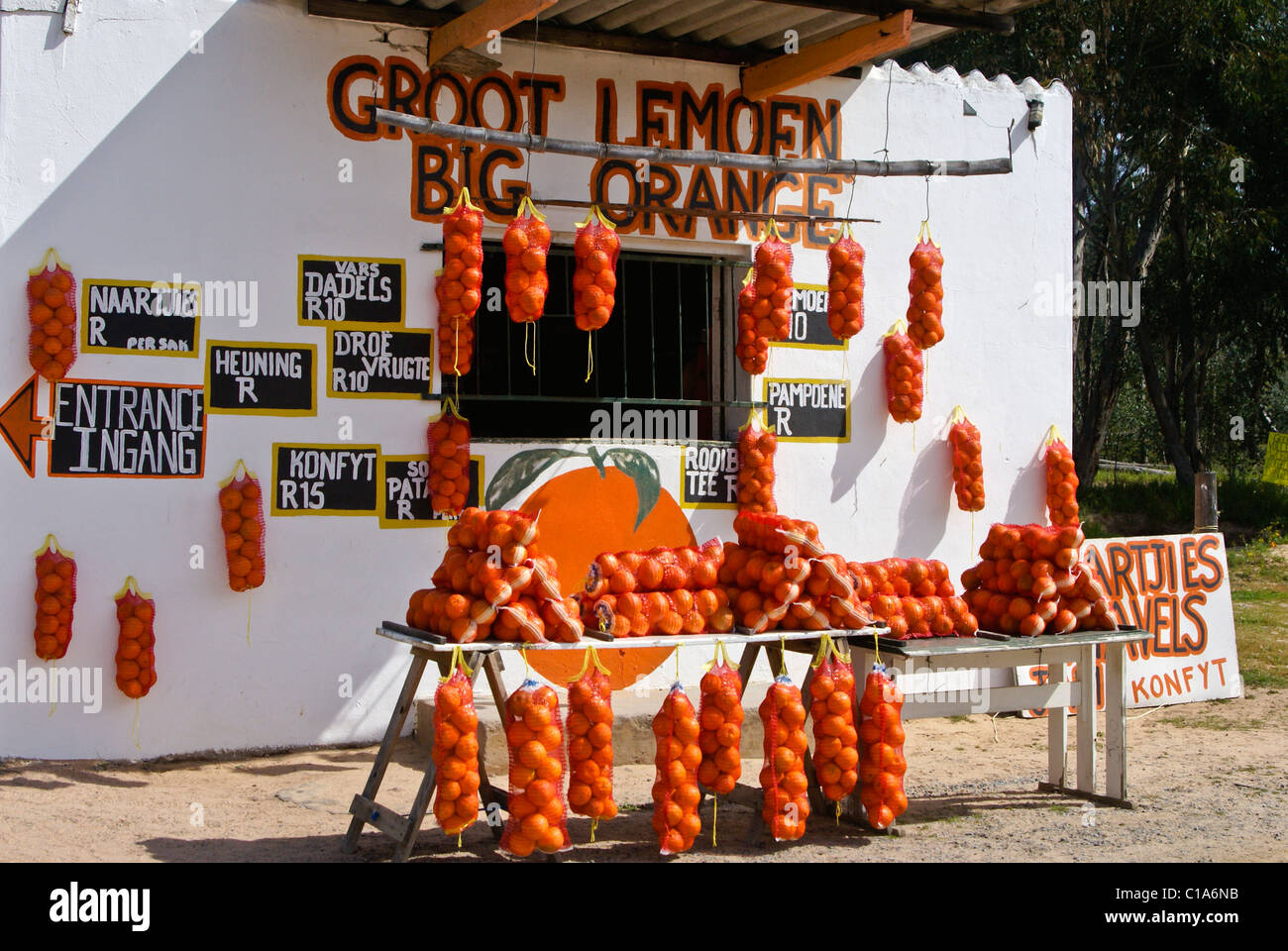 Oranges for sale at roadside stand, Western Cape, South Africa Stock Photo