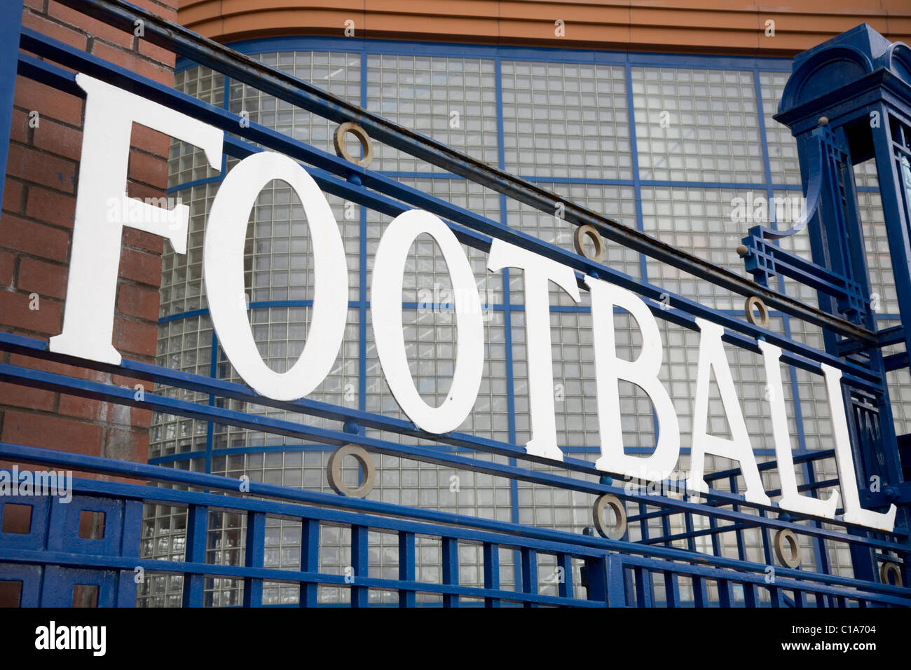 Large football sign at the entrance of Glasgow Rangers Football club in Ibrox stadium Glasgow Stock Photo