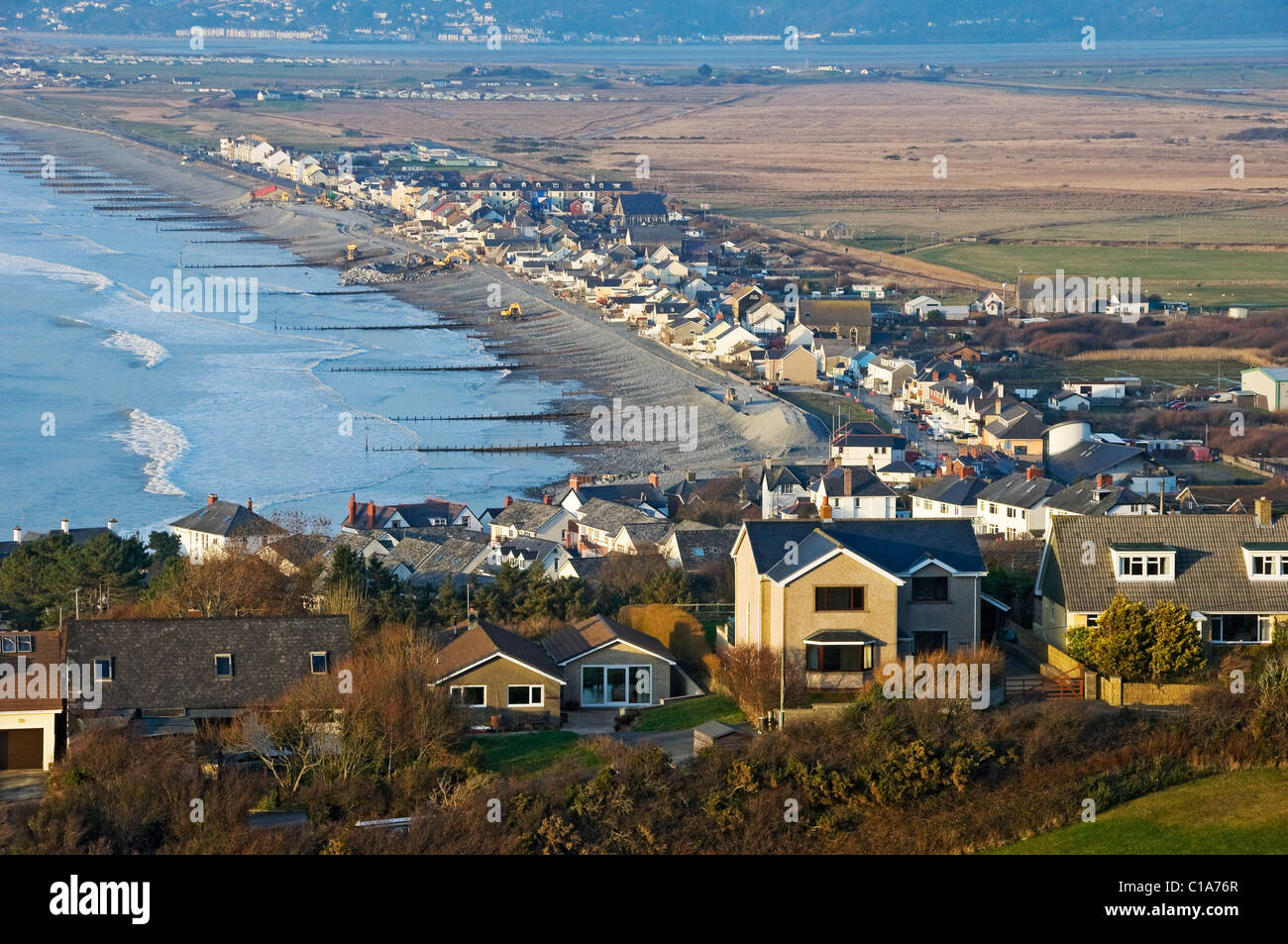 View looking down on the Welsh coast coastal village of Borth Cardiganshire Ceredigion mid Wales UK United Kingdom GB Great Britain Stock Photo