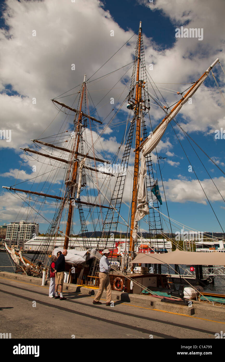 Tourists inspecting the Windeward Bound sailing ship at Elizabeth St