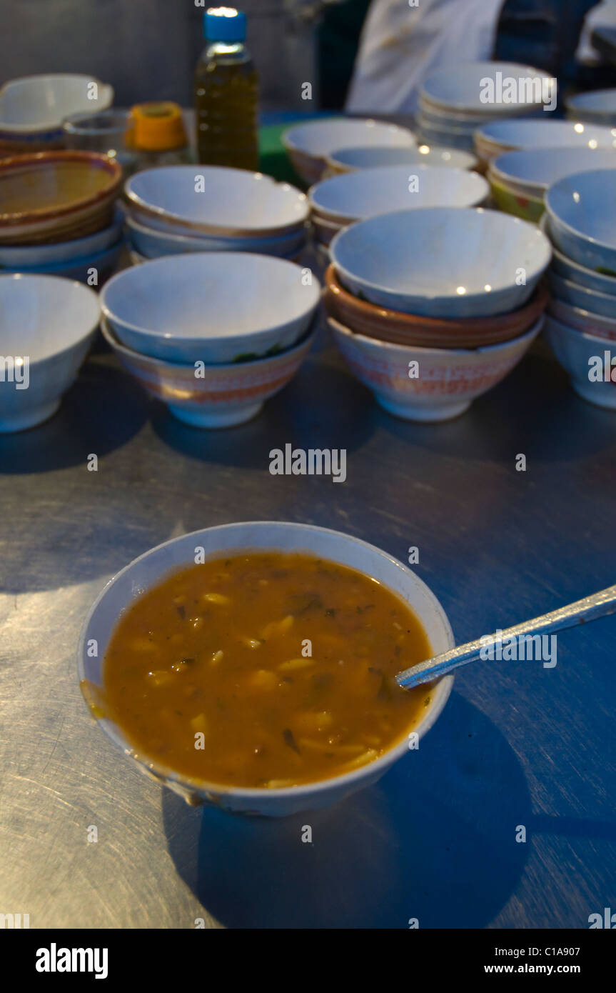 Harira lentil and tomato soup at stalls of Djemaa al-Fna square Medina old town Marrakesh central Morocco Africa Stock Photo