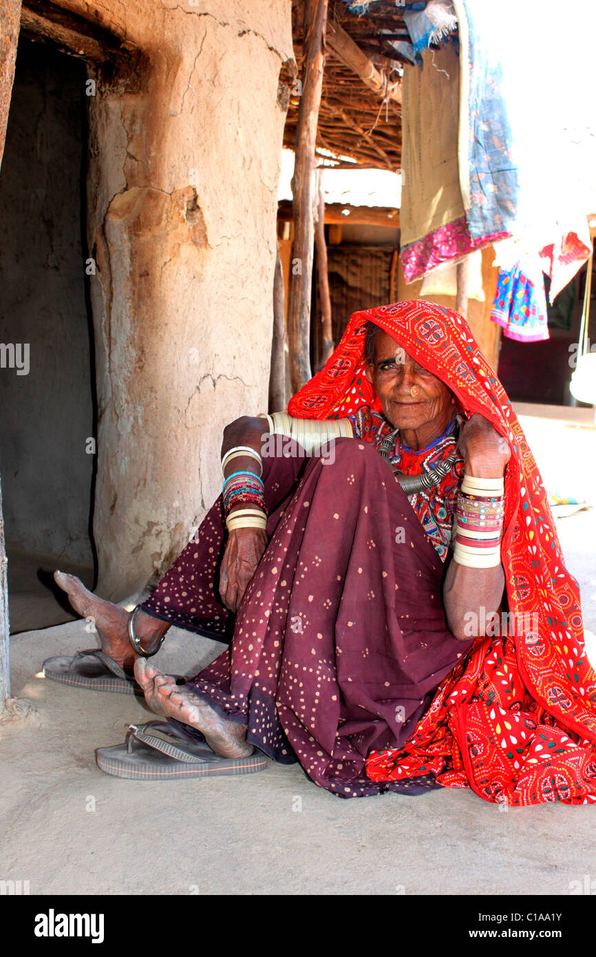 An old woman wearing traditional dress in Bhuj district of Gujarat Stock Photo