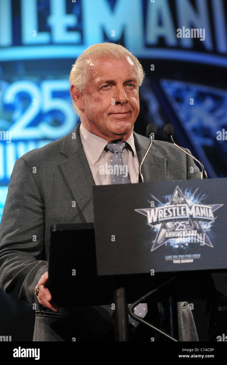 WWE legends Nature Boy Ric Flair WrestleMania 25th Anniversary Press Conference Hard Rock Cafe New York City, USA - 31.03.09 Stock Photo