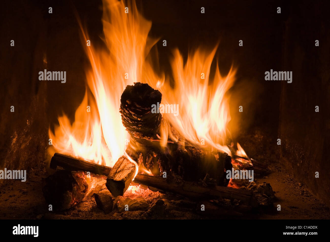 Logs burning in open fire Stock Photo Alamy