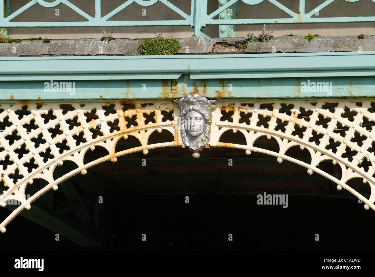 Detail of iron work on covered walkway. Brighton seafront. East Sussex ...