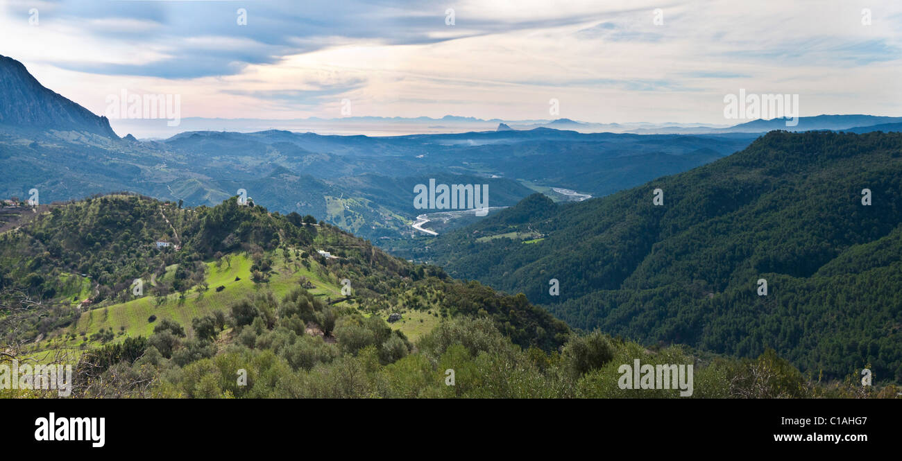 View from Gaucín village in the mountains of Genal Valley  Andalusia in southern Spain. Stock Photo