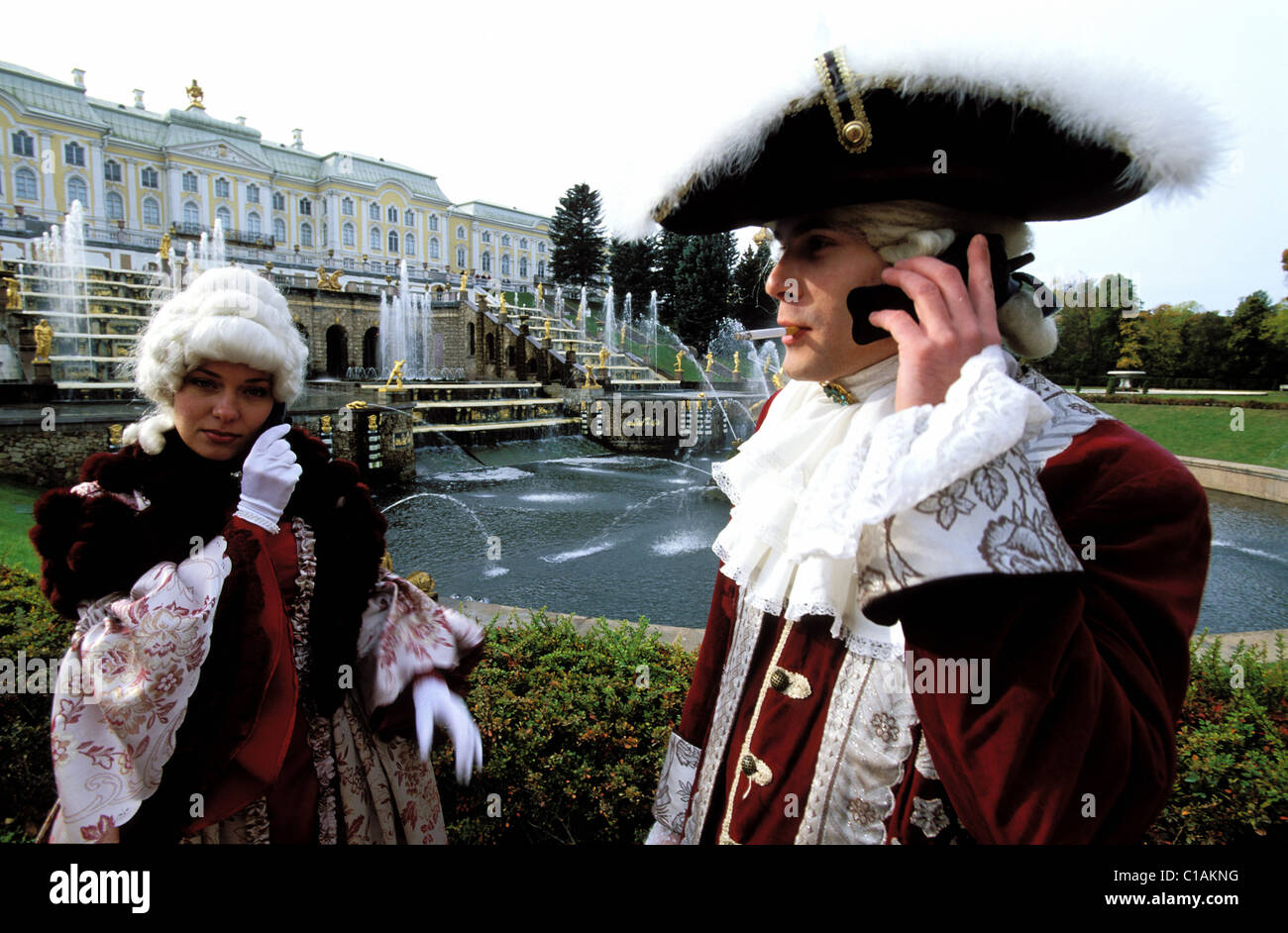 Russia, Actors wearing his theatre costume in Peterhof Garden Stock Photo